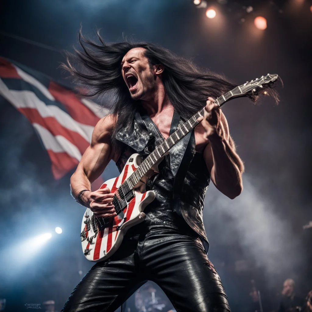 A handsome muscular heavy metal guitarist with long black hair, wearing a sleeveless leather suit in pattern of British Flag, screaming on stage, playing guitar, billowing hair | professional concert photography, spotlight, intricately detailed, cinematic, hyperrealisti