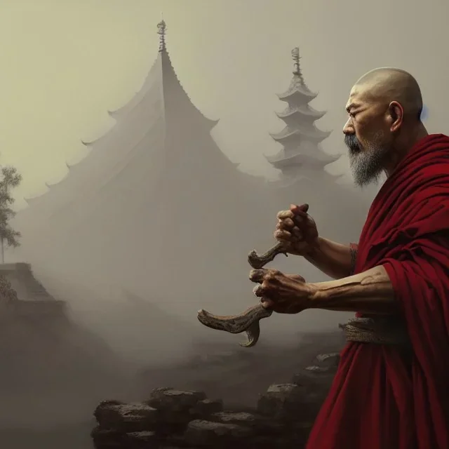 Portrait of a monk, fog, distant asian temple, profile, grim, dark, Frank Frazetta, Greg Rutkowski, hyperdetailed, dnd, trending on Artstation, Splash screen art, dynamic lighting, hyperdetailed, intricately detailed, a masterpiece, 8k resolution, high contrast, bearded, red robe,