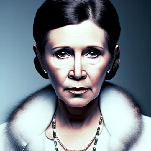 actress carrie fisher with short hair, fur coat, 17th century, dark setting, insanely detailed, 16k resolution, perfect eyes, round pupil, cinematic smooth, intricate detail, painted Renaissance style