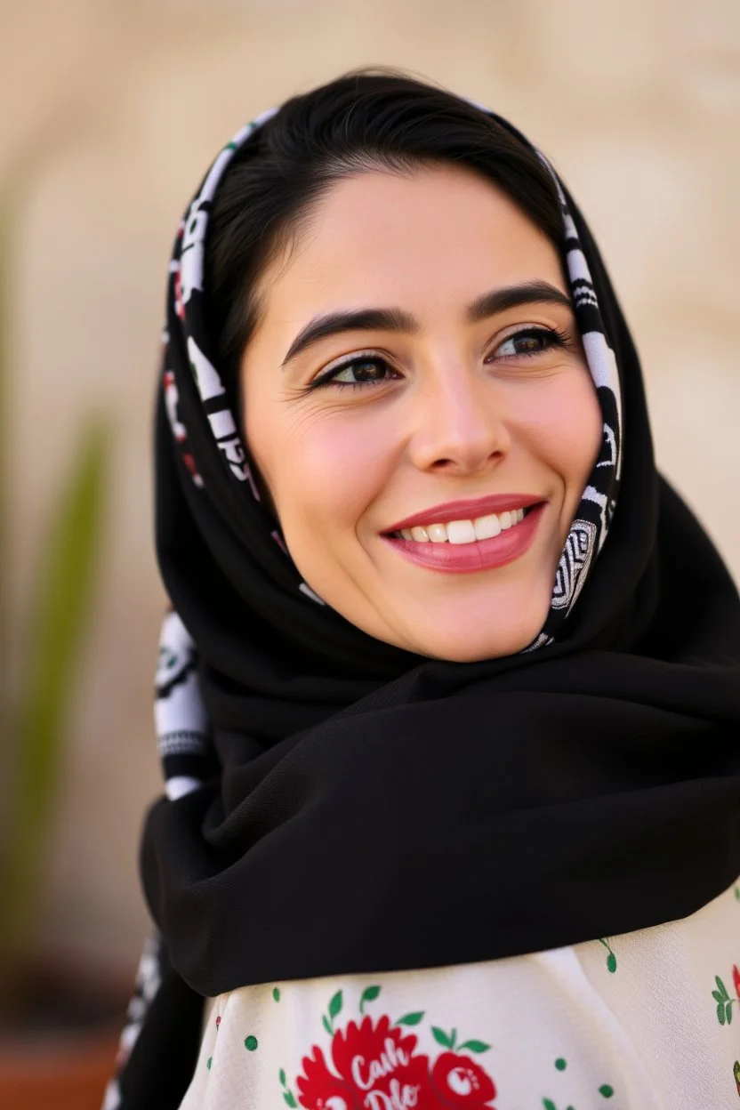 Palestinian woman with a beautiful face, turning her face slightly to the right, a beautiful smile, her mouth closed, not showing her teeth