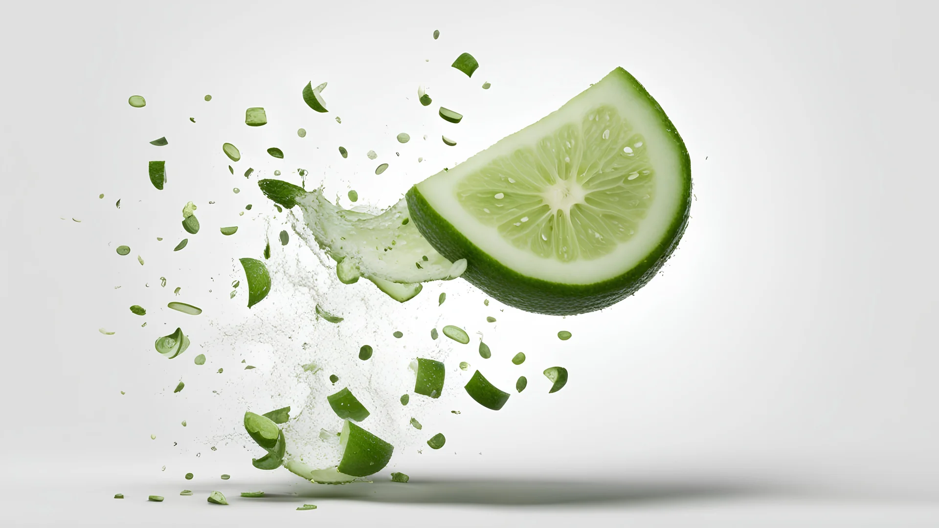 Falling cucumber slice isolated on white background, clipping path, full depth of field