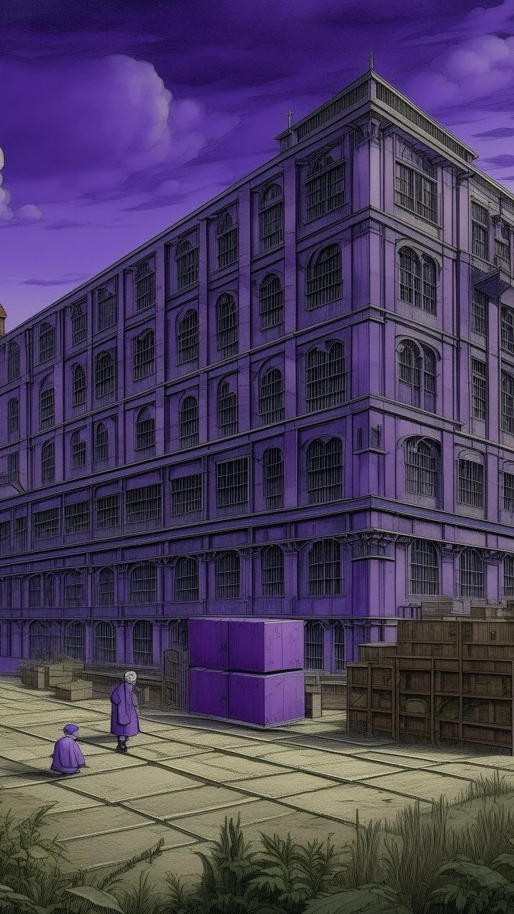 A purple factory with a library painted by Leonardo da Vinci