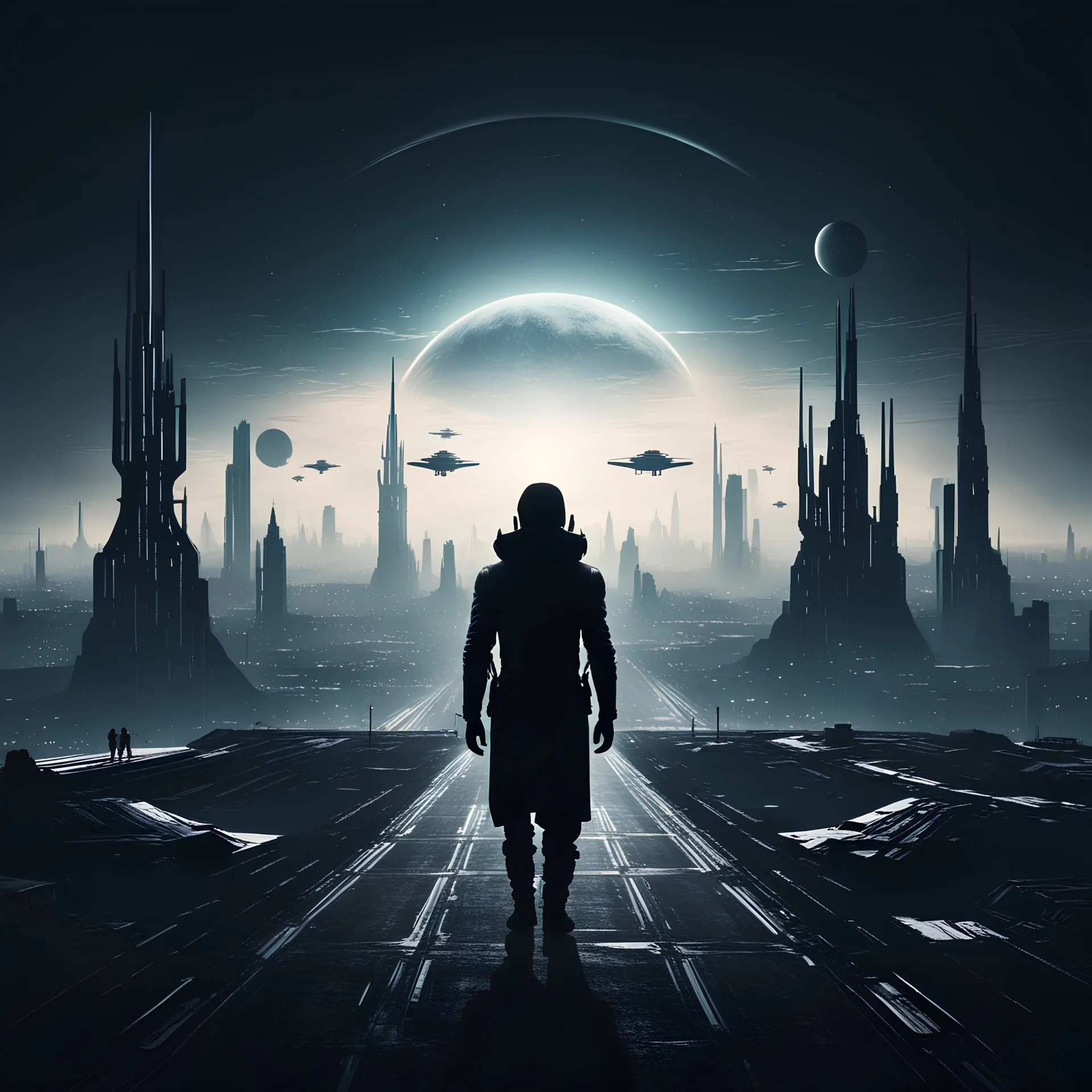 dark futuristic city. roads in the sky. spacecraft in the distance. silhouette of a man