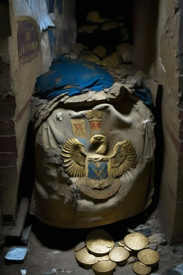 in a LARGE BASEMENT, half-buried in the earth, an ancient, worn-out, worn-out, torn-side valise peeks out, from which gold coins from the time of Catherine the Great fall out. The ancient coat of arms of Russia, the double-headed eagle, is BARELY VISIBLE on the bag. There are a lot of broken bricks and earth around the bag. All in high quality 8K