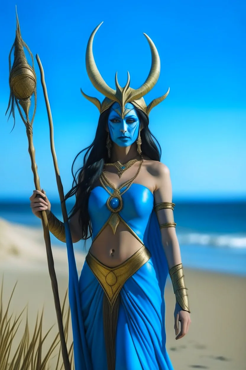 A picture of a beautiful "blue" faced indian goddess with skin painted blue, "blue painted body", "blue painted torso", wild black hair, stag antlers, elven ears, golden skirt, holding a staff on a sunny beach