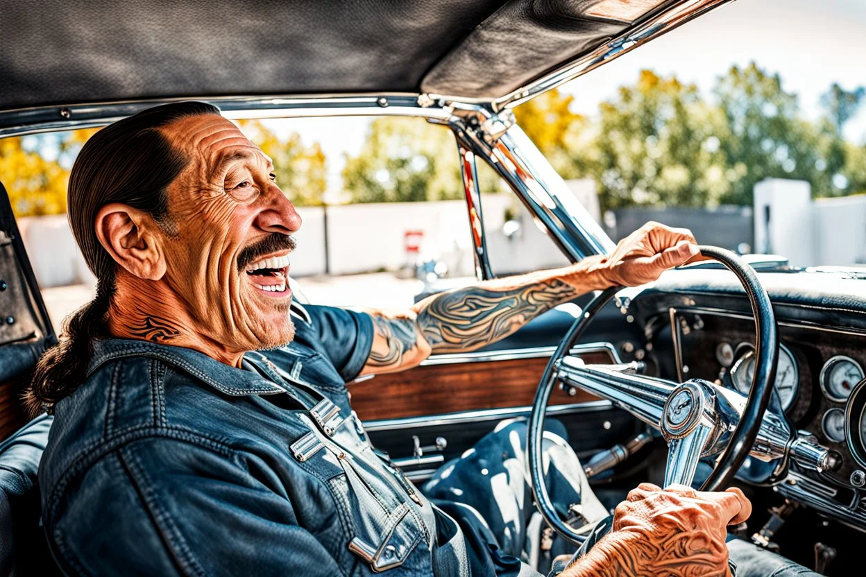 Fotorealistisch Danny Trejo breit grinsend mit offenem Haar in ölverschmiertem Mechaniker Overall fährt Muscle Car