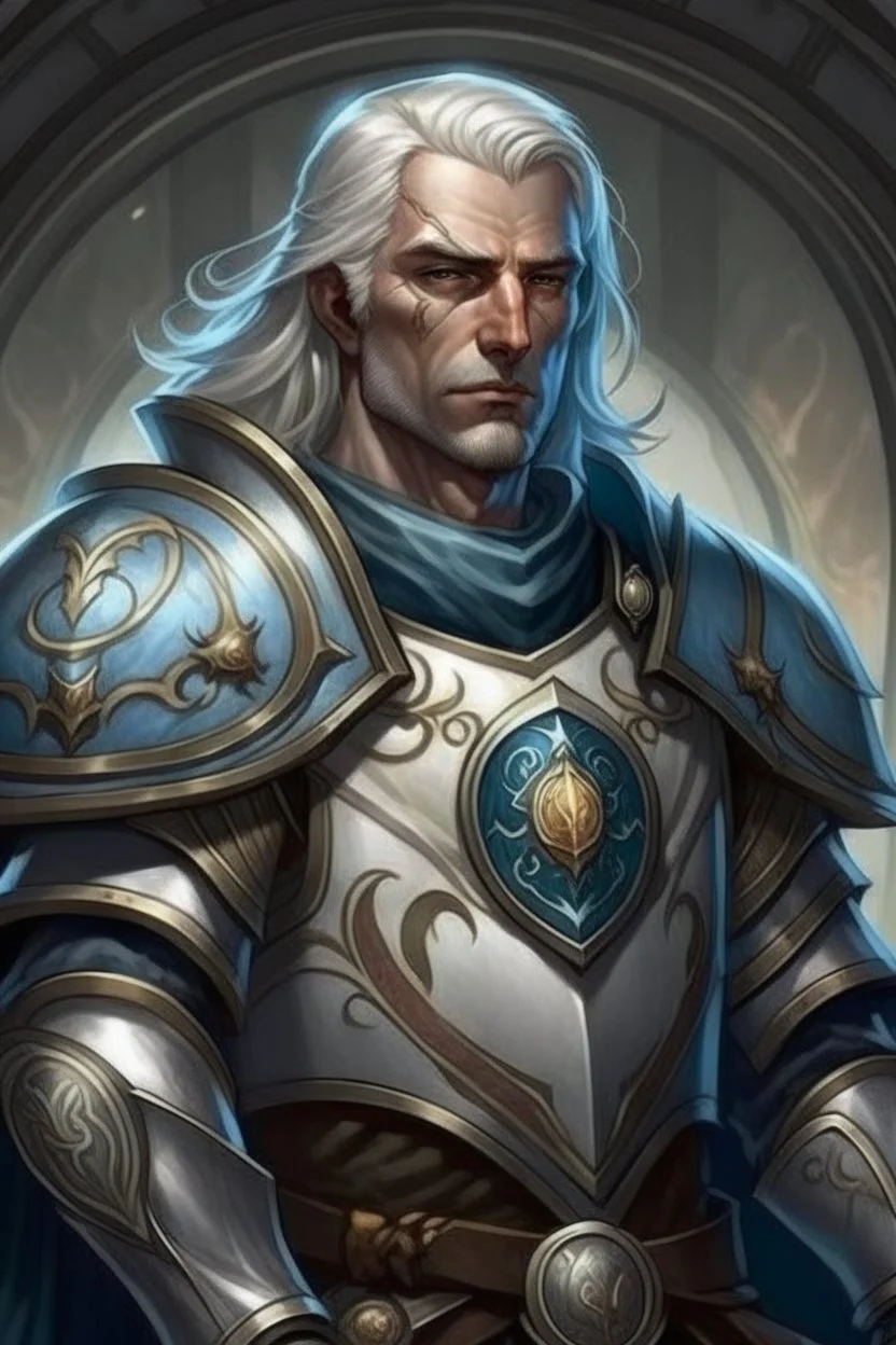 Please create an image for a 30-year old half-aasimar male with silver hair and blue eyes. He is a cleric of Selune, whose symbol should be placed on the cleric's shield, if visible in the image. The cleric should be wearing either medium or heavy armor, and carrying a warhammer or a mace and a shield