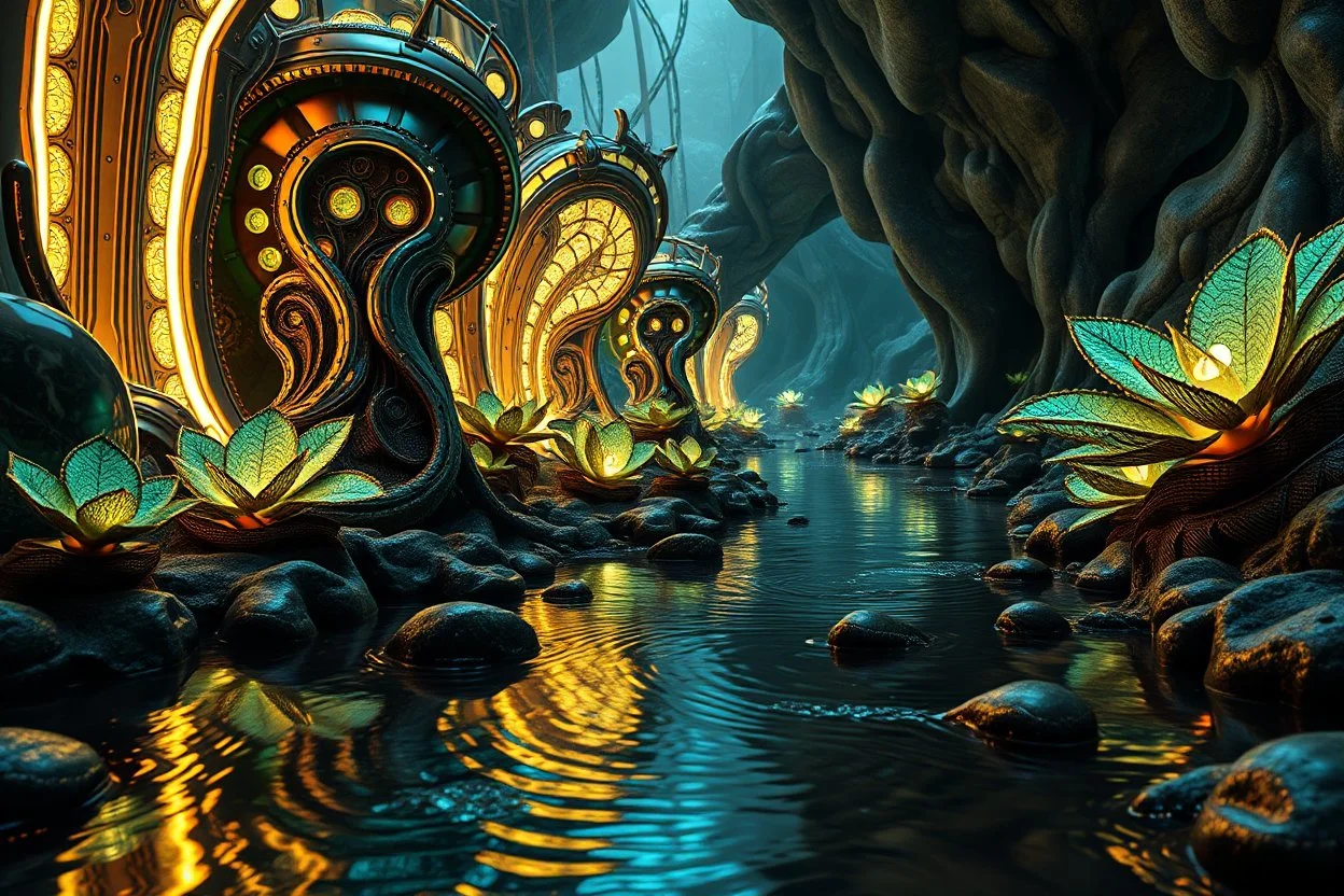 photography of a sci-fi ecosystem. metallic recursive architectural elements merging with organic bioluminescent plant life. The water in the nearby stream shows impossible fractal ripples and metallic sheen. Intricate procedural patterns, high-tech nature, hard-surface modeling aesthetics mixed with soft organic curves, subsurface scattering on petals, high-gloss metallic reflections, 4k, Octane Render style.