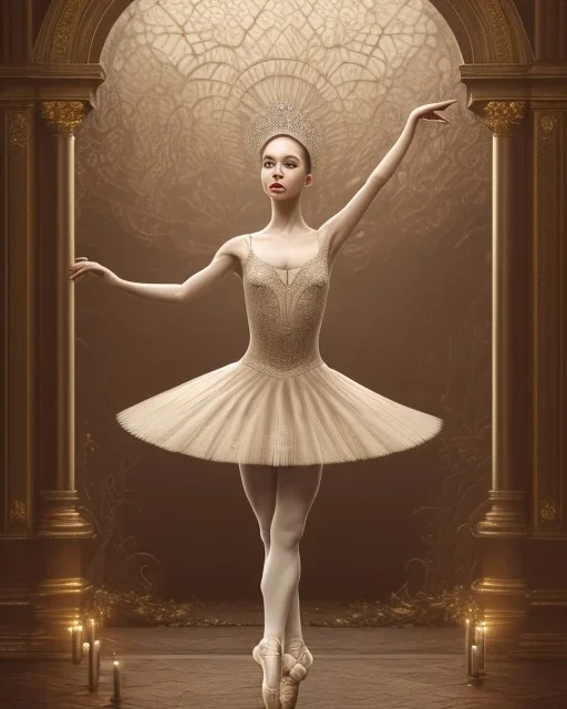 ballerina on stage of elaborate opera house, sepia photography, 8k resolution, high-quality, fine-detail, intricate, detailed matte, volumetric lighting, photo-realistic, candles, translucent gown, illustration, 3D octane render, brian froud, howard lyon, selina french, anna dittmann, annie stokes, lisa parker, greg rutowski,