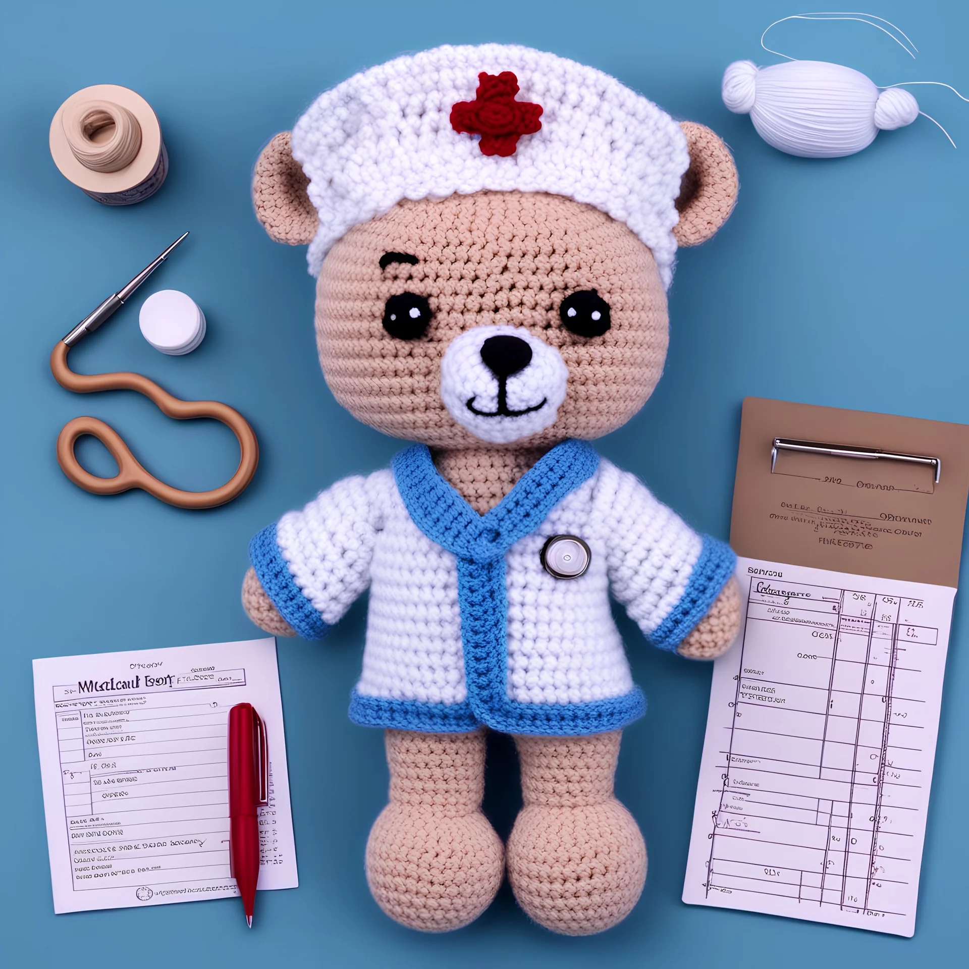 A charming crochet medical teddy bear, dressed in a crochet nurse uniform with a crochet hat, holding a tiny crochet teddy bear patient and a crochet medical chart.