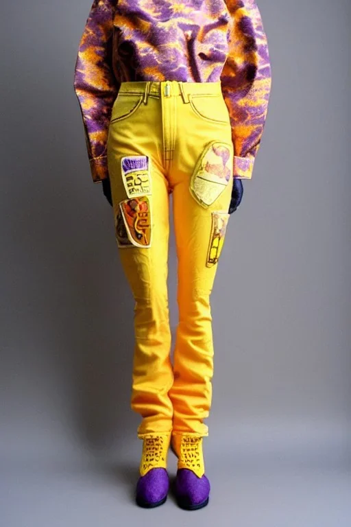 Photograph of a woman. Huge prints on denim,terracotta, cream and purple, lilac and Cream latex parts are bagging. imperial yellow, red plum. Baggy jeans! plant print.European daft punk woman. Baggy jeans! Mantle is sewed of recycled Denim and sewed together of recycled polymer felt. lace, Yellow(Munsell) areas. hint of orange as effect color!!Big bright purple/khaki felt tippet and cream or blue or lilac colored-hood. mantle is merged with satchel, cobalt blue.