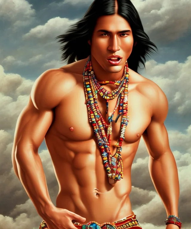 native american warrior, long black hair, big muscles, looking up, mouth wide open shouting, shirtless