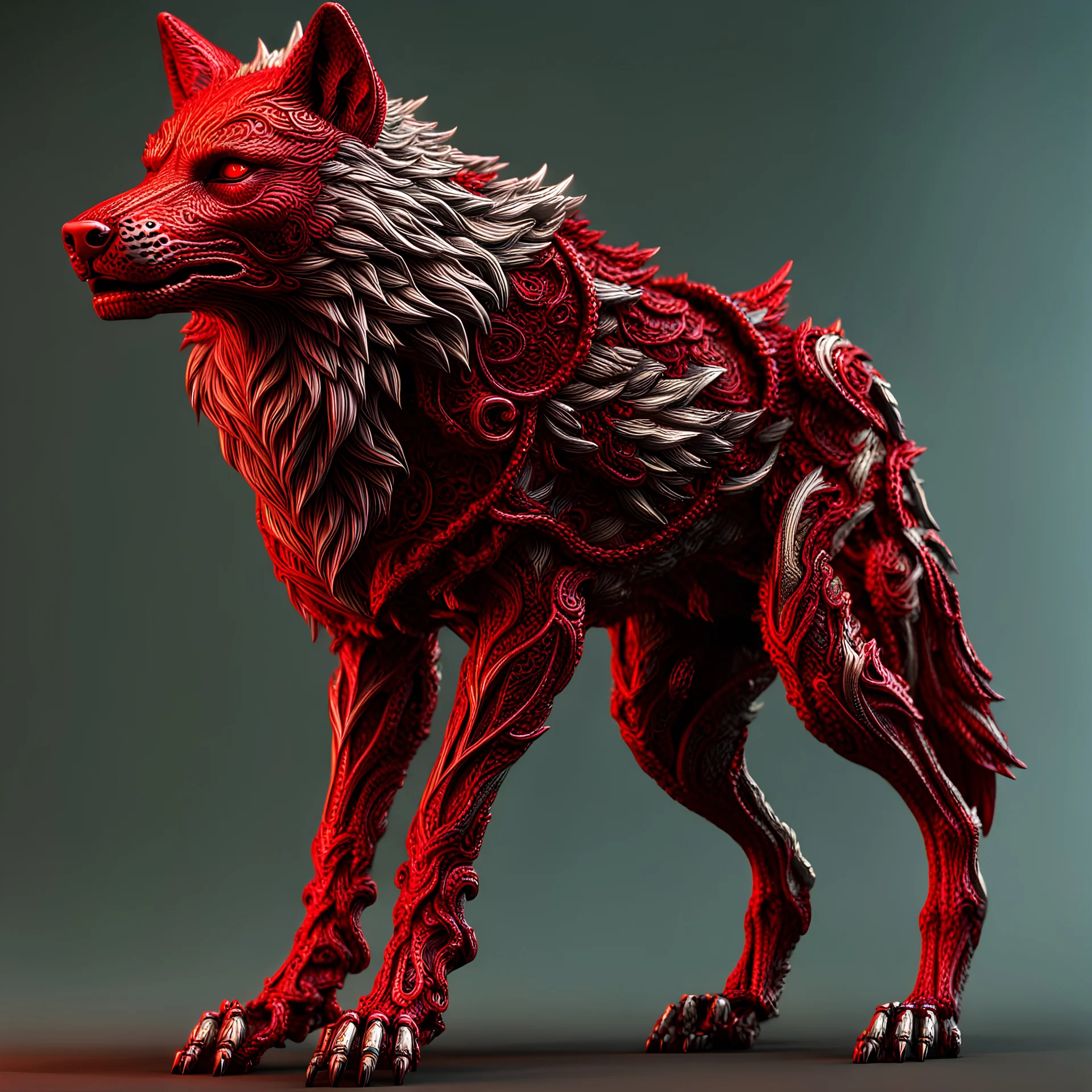 Wolf humanoide,mitad hombre mitad Wolf, calidad ultra, hiperdetallado, intrincado, maximalista, colores plateado y rojo, 8k 3D