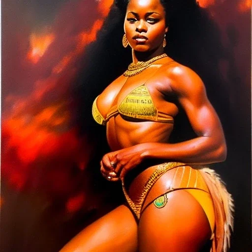 Drawing of 'Cigarette Card - Female African Warrior',painting by Earl Norem, simon Bisley,frazetta,西嘛哒, evan lee, Vallejo,kelly oil on canvas, cinematic composition, extreme detail,fit full head inside picture,8k