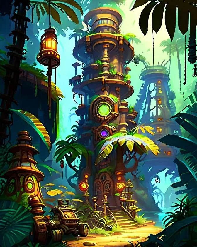 adventure jungle dungeon with steampunk machines tower in jungle painterly rpg art