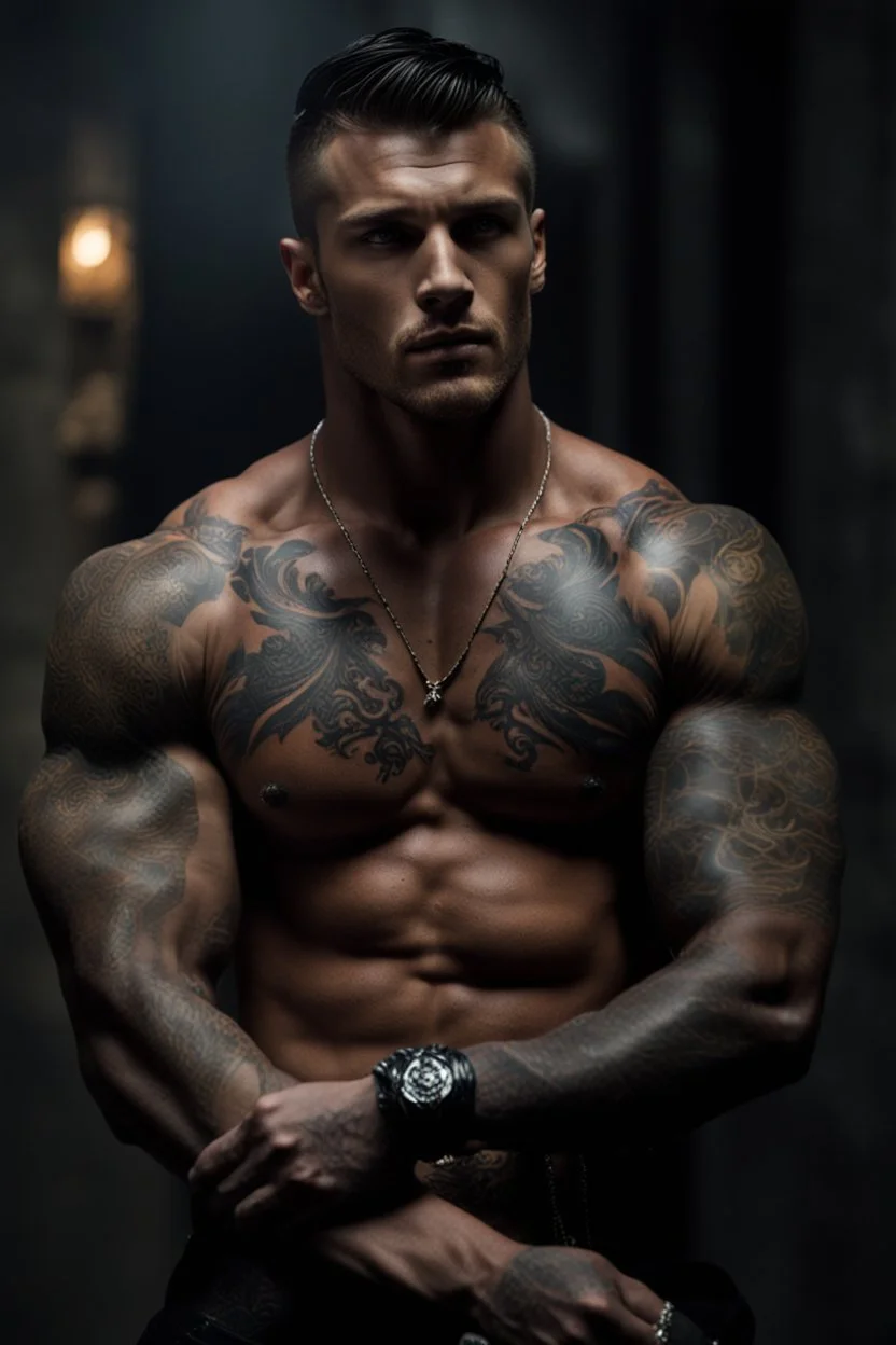 Alpha Marius shirtless and his muscular chest is covered in tattoos, but it’s his eyes that draw me in. Dark grey and stormy.