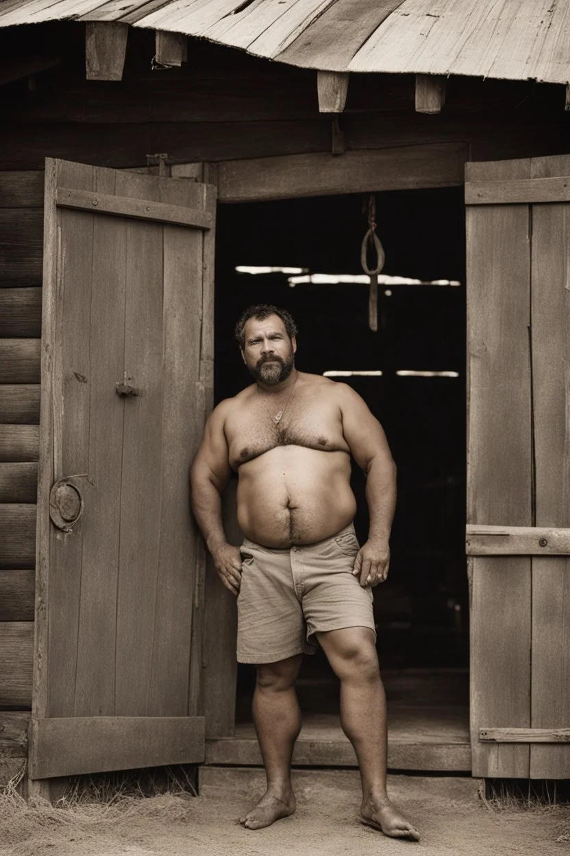 1970's half figure photography of a burly overweight muscular brazilian farmer 44 years old, sweat, short curly hair, short beard, manly chest, tattoo, hand on the fap, shirtless with dirty shorts, on the door of a large barn, under the sun