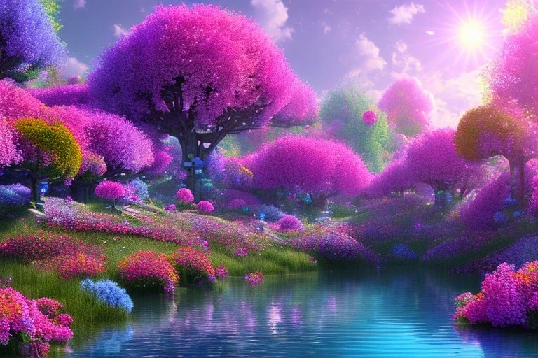 monde en fleurs, blue lake, flower tree-houses, concept art, crépuscule , fuksia bleu oranger, vibrant Color, réaliste, riviere bleu, tree-house bougainvillier, roses