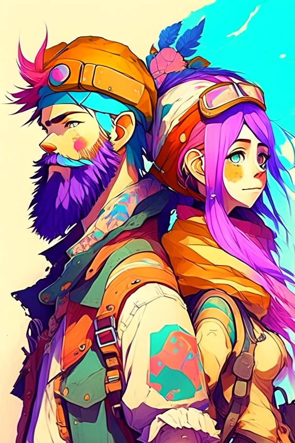 anime couple, adventurers, colorful, man with beard