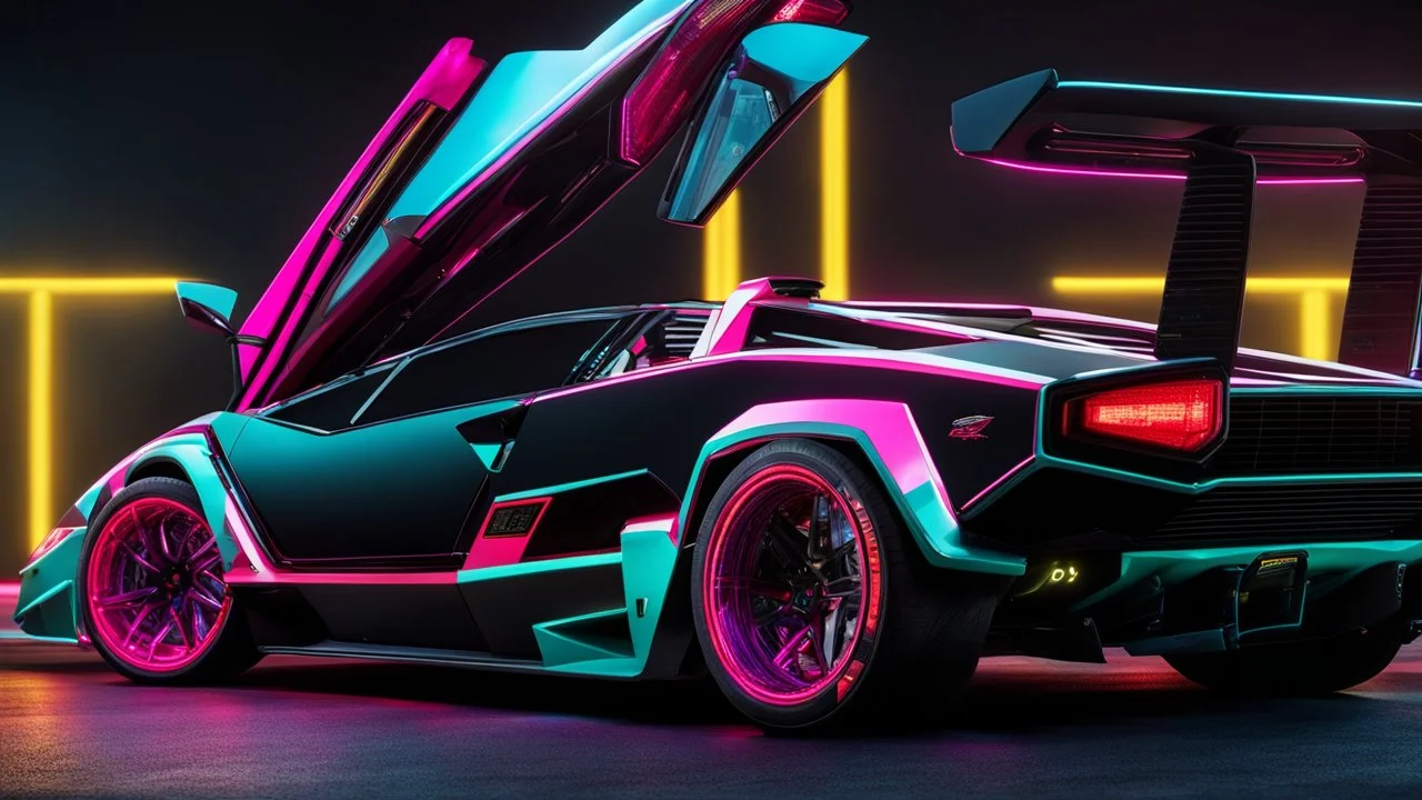 lamborghini countach lpi 800-4 Mansory Cyberpunk 2077 neon Style, Super Detailed, desktop wallpaper, 4K rear view, center