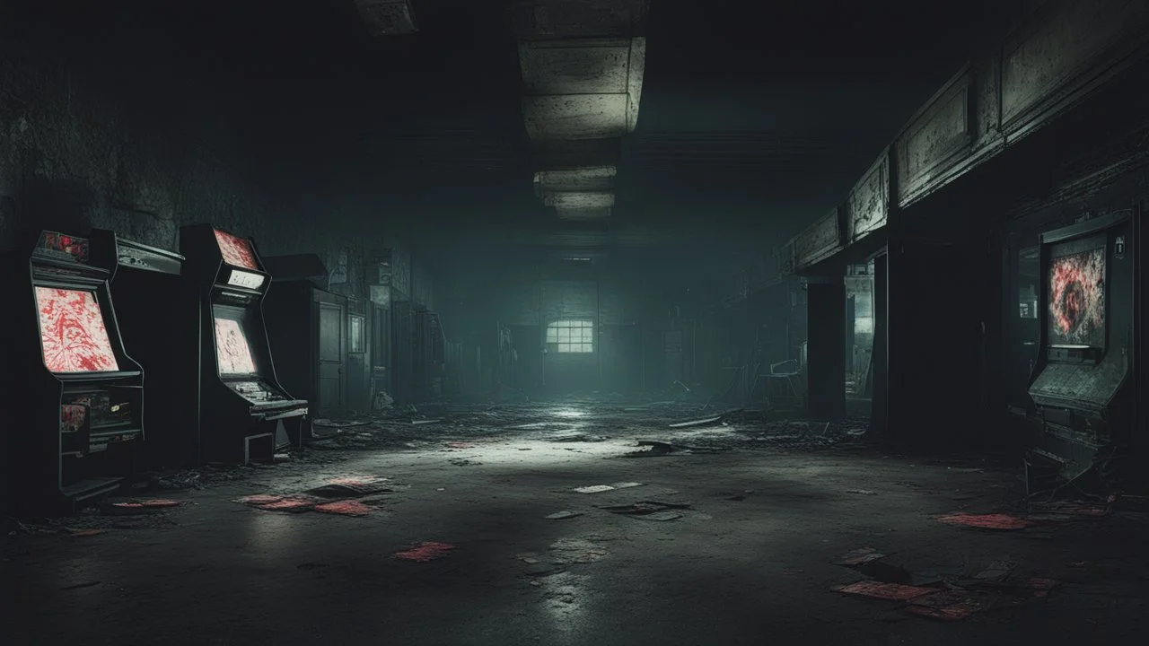 desolate dark arcade, horror, no humans