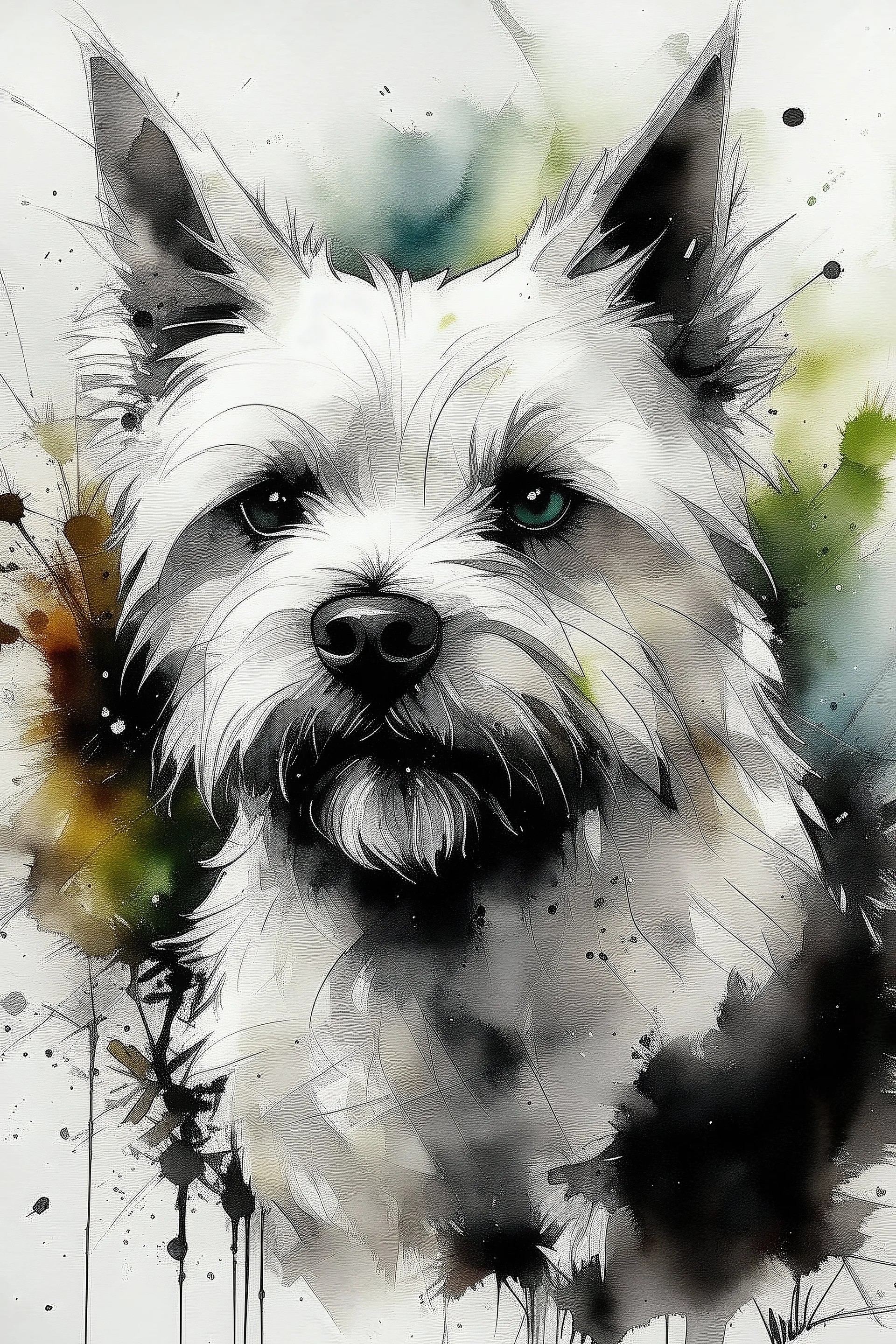 Portrait of a White West highland terrier dog with happy expression in loose abstract watercolour, wet on wet, and splattering in the style of Agnes Cecile, Willem Haenraets, Yoji Shinkawa, Guy Denning, Florian Nicolle with chalk and rough pastel on rough, textured paper