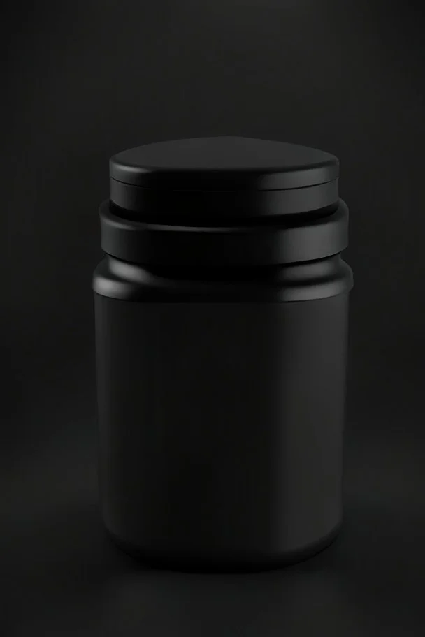 black container, plastic, realism, with screw lid, no labels, round container, view from the front, protein powder, dark studio setting, black background