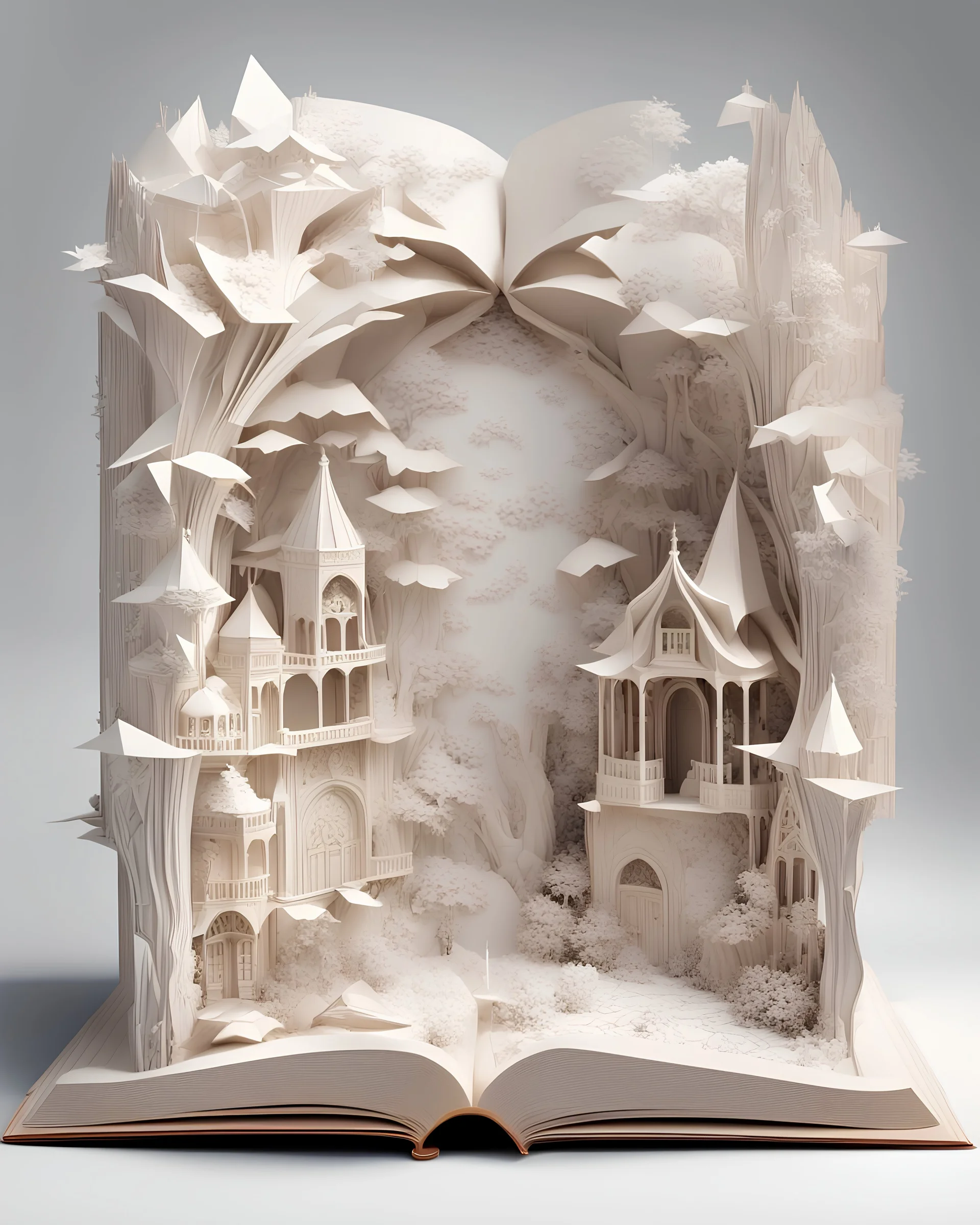 a beautifully ornated fairytale book open in half, from the center pages appears a pop-up origami market in italy; Papercraft, fairytale, children popup book, soft shadows, ambient occlusion, studio lighting, high quality studio advertising photography, 8k, white paper, white background, monochromatic