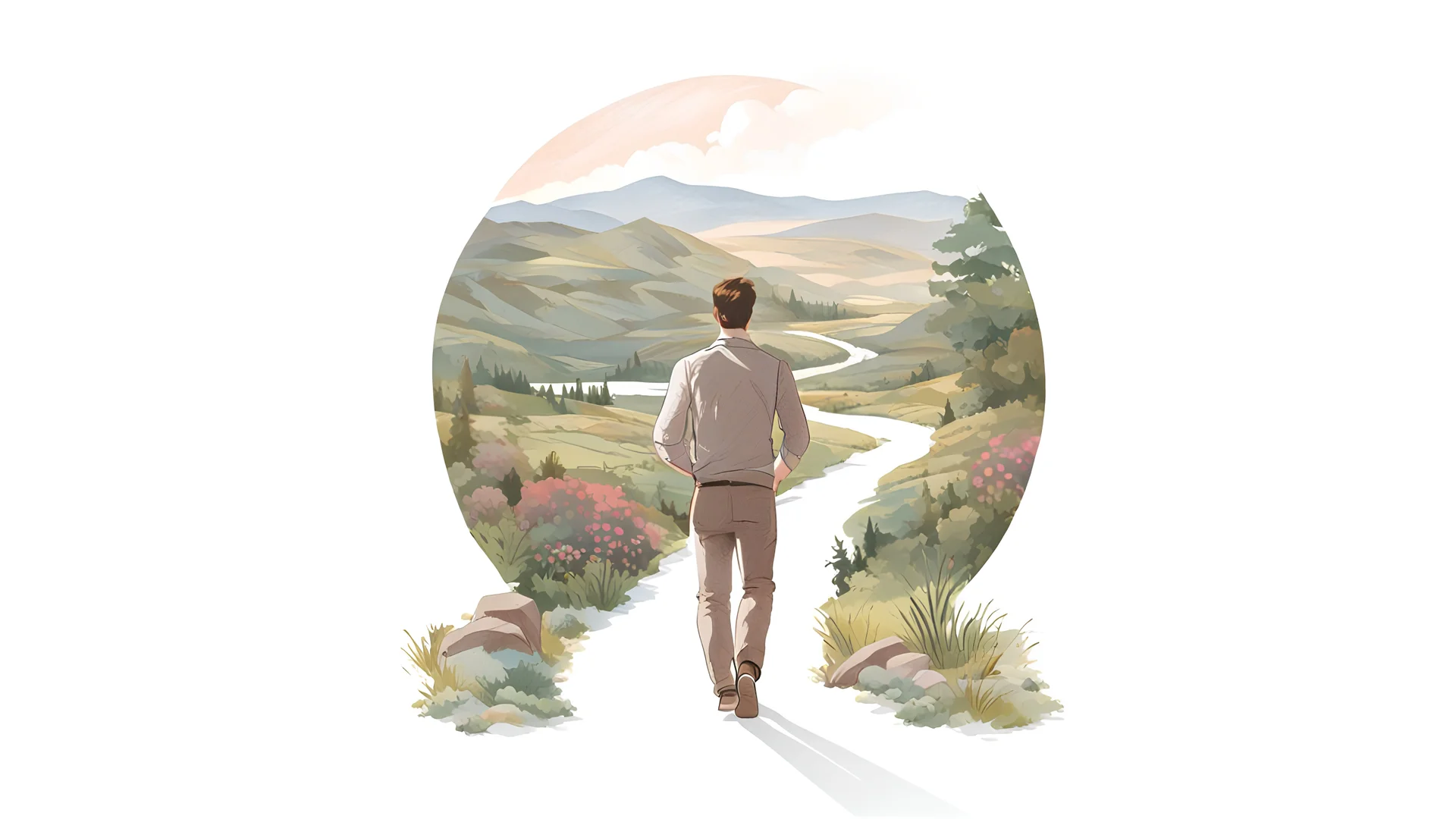 draw the landscape around the man on the entire surface of the picture