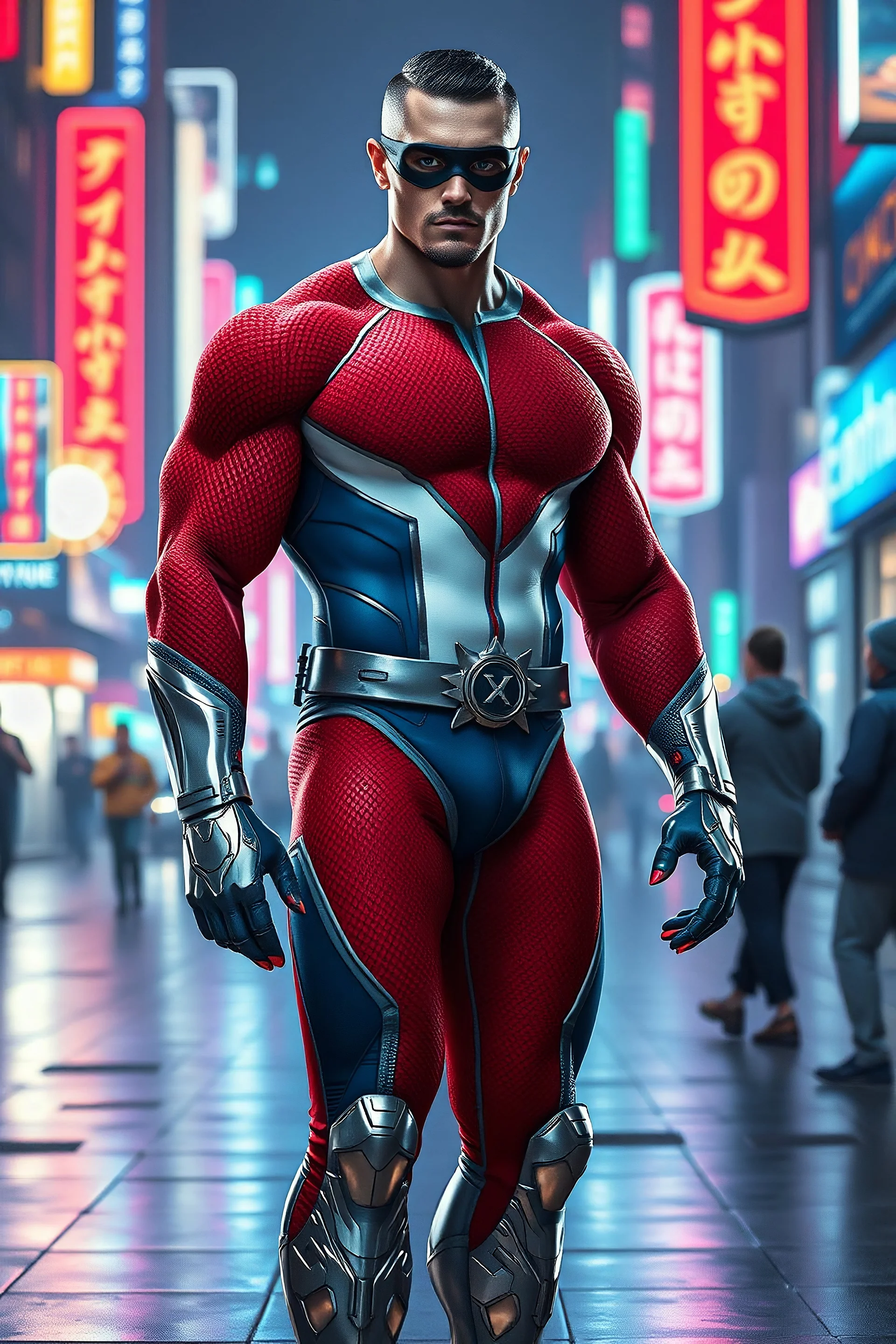 A muscular, athletically built man with extra-short, crew cut, black hair, blue eyes, short, trimmed goatee, standing stoically on the street in the neon lit, futuristic City of Xanadu prime, wearing a long-sleeved, highly textured, red-white-and blue body suit with gray piping that forms to his muscular frame, a silver lightning belt, silver wrist gauntlets, silver, knee-high boots, the symbol of Xanadu on his chest, and a thin black leather bandit eye mask