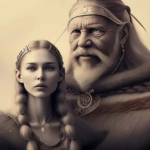 Viking theme, a younger woman sitting next to a 50-year-old man, portrait, 8K, close-up face, anatomically perfect face, Highly detailed stunning full frame portrait, misty and cloudy atmosphere