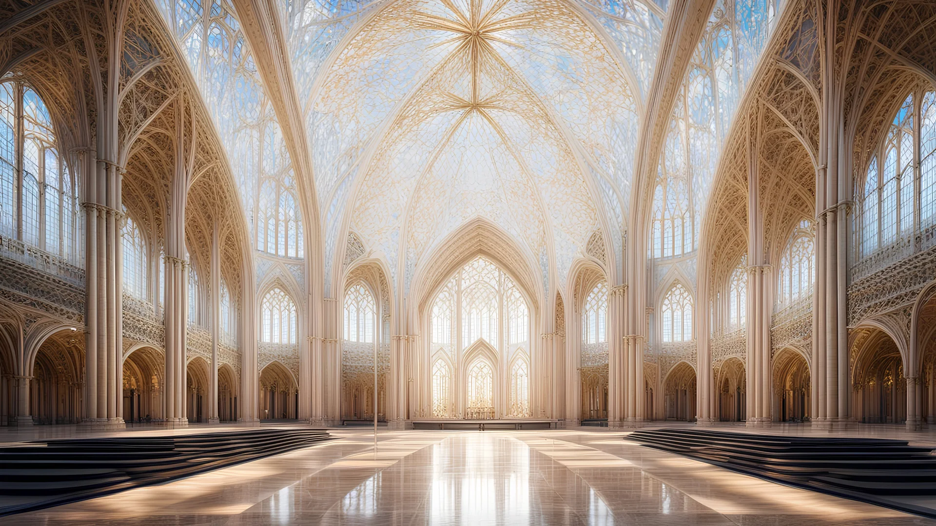 futuristic fantastic symmetrical cathedral interior view, year 2160, sunshine, beautiful, colorful, totally symmetrical design, style Shigeru Ban, innovative architecture, award-winning photograph, awesome, serene, inspiring, spiritual, impressive, cinematic lighting, epic composition, photorealism, very high detail, Unreal Engine, Octane render, HDR