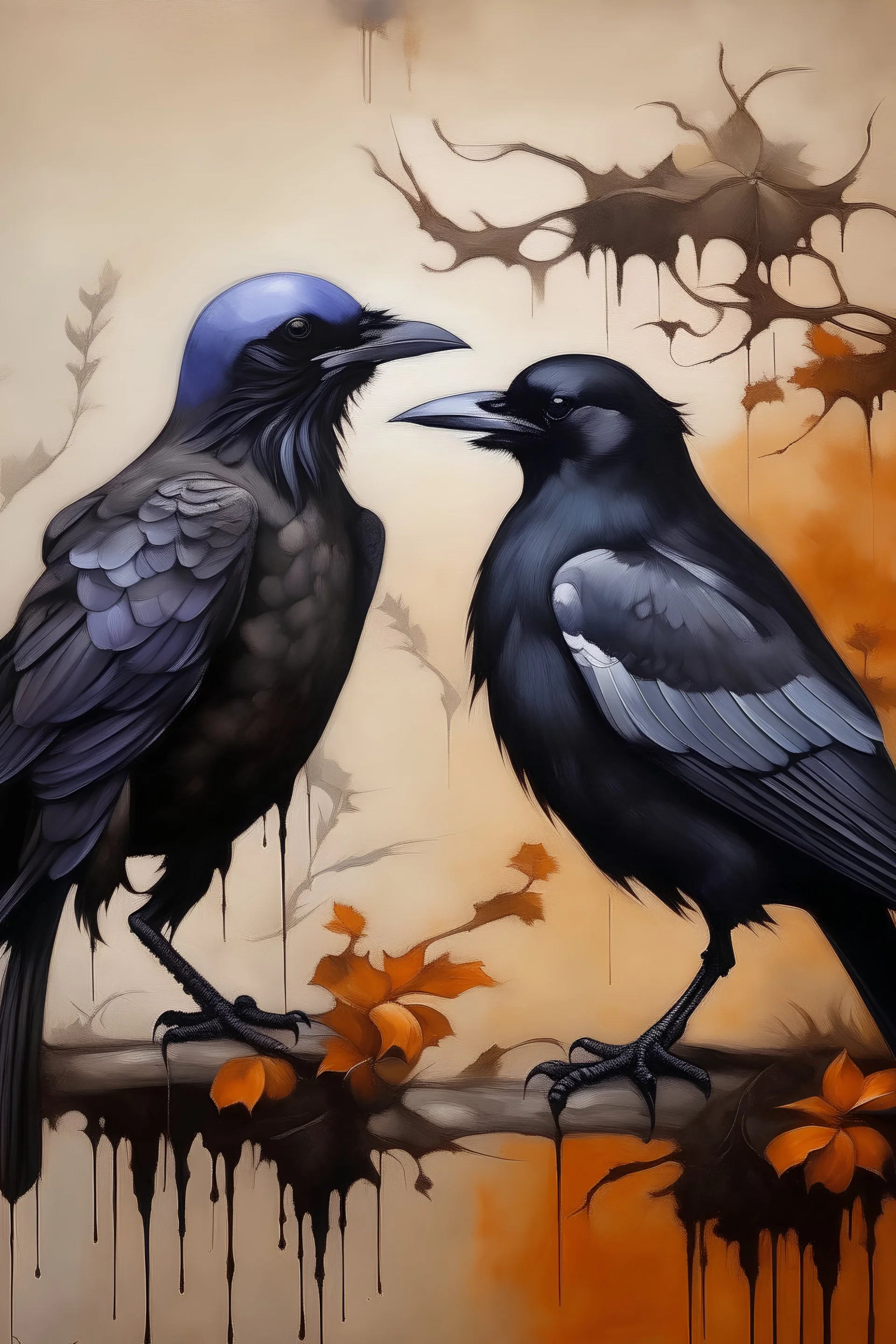 A painting of a crow and a dove
