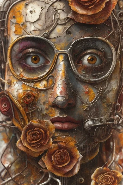 an abstract painting of rusted metal and flowers, by anselm kiefer and lucian freud, rust, scaffolding, iron cladding, decay, mixed media, textured, anatomically correct, beautiful perfect face, sharp focus, highly detailed