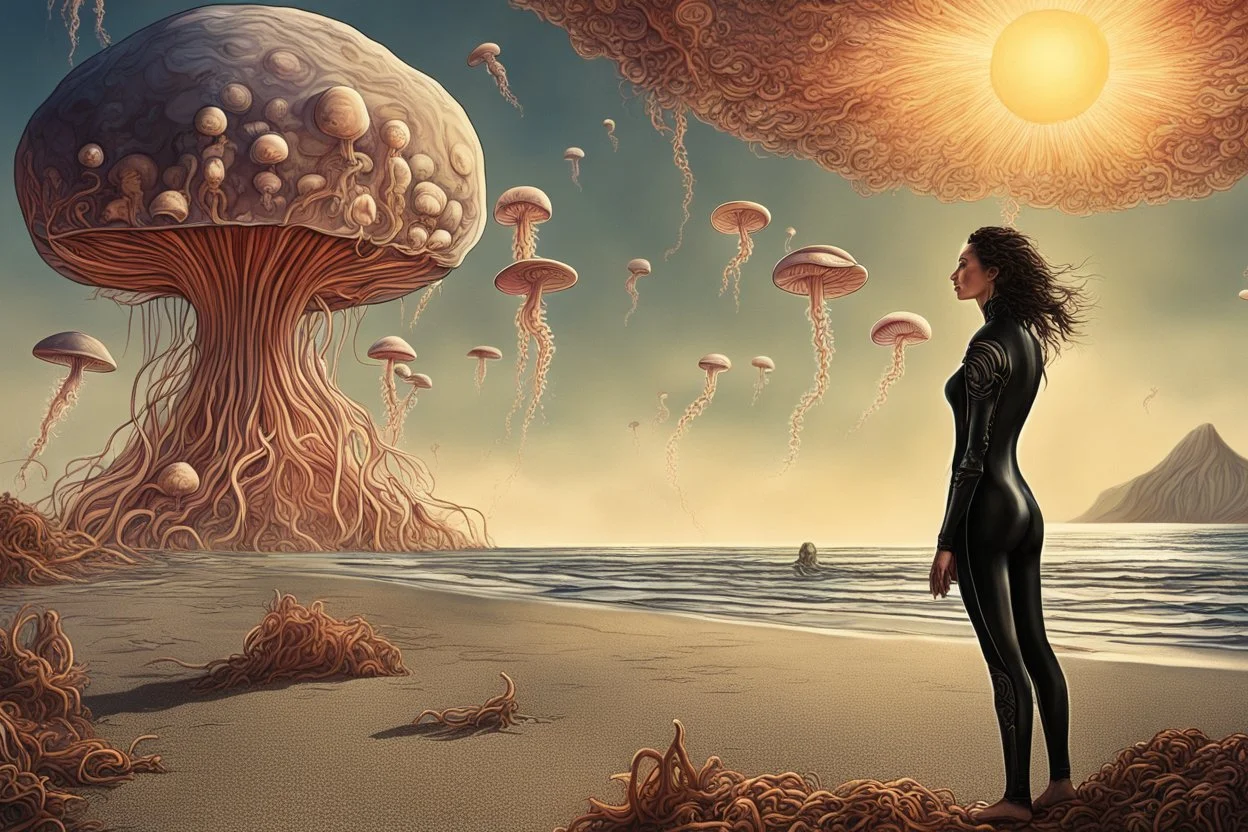 woman in a catsuit, standing on a beach of an alien world, watching mushrooms with jellyfish tentacles in the sky, photorealistic, Deep Colour, Fantastical, Intricate Detail, sunshine