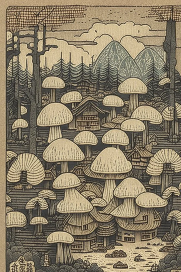 Mushroom village drawn in Japanese woodblock style