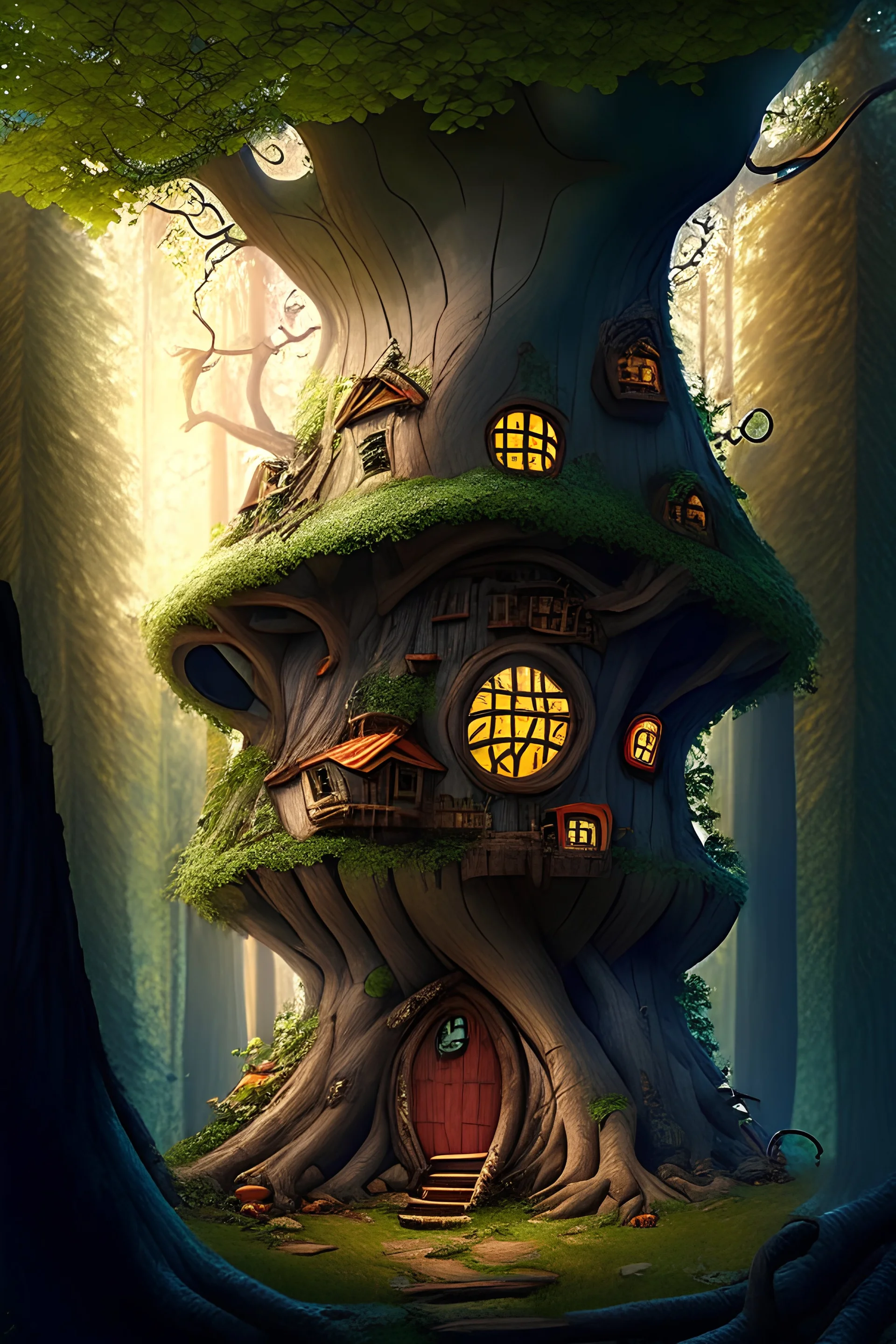 Rumah kurcaci di pohon besar ditengah hutan pemrograman yang ceria