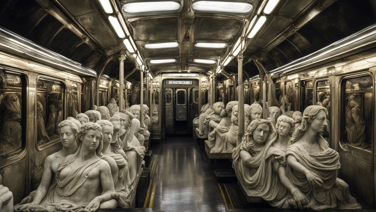 interior of a subway carriage full with a crowd of marble statues; gloomy, weird, eerie, odd, unsettling