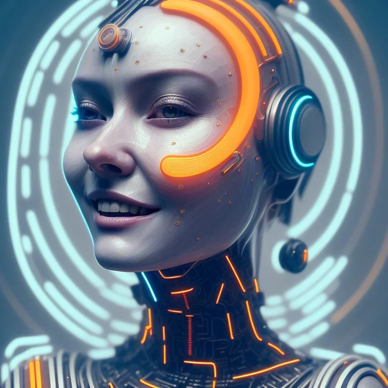 A beautiful portrait of a cute cyberpunk woman smiling, grain on the skin, orange color scheme, high key lighting, volumetric light high details with white stripes and feathers full length clean art NFT, soft lighting, soft pastel gradients, high definition, blender 3d cinematic, op art, visionary art, sacred geometry, fractal, white balanced