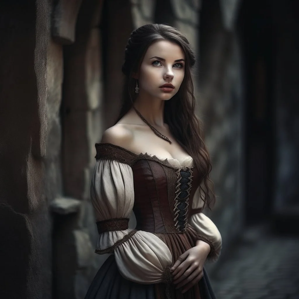 pretty girl, young adult, brunette, conventionally attractive, medieval, full length, sexy