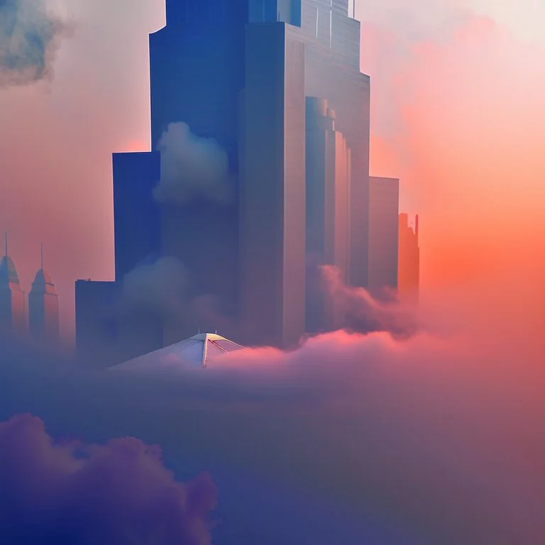 smoke plumes, clouds, smog, city scape with pollution, robot, double exposure photography, colourful nature, clean sharp focus, on white background, Fractal Geometry buildings, sacred geometry