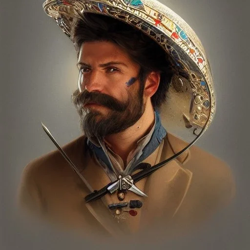 portrait,"Insanely detailed photograph of a western mustachioed crossbowman", charo detailed, sequenced Sombrero, detailed D20 flair, digital painting, artstation, concept art, smooth, sharp focus, illustration, art by artgerm and greg rutkowski and alphonse mucha, 8 k