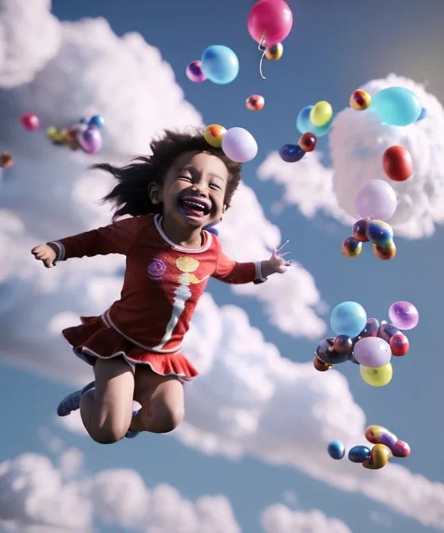 Ultra realistic speed clouds sky scene, wide angle view, childs falling down with many Childs background, circus dress style, feather color, free jumping flying, many trinkets, hair monster, many jelly beans, balls, color smoke, smile, happy, extreme, wind, clouds sea, 20,000 feet altitude, stratosphere, soft color, highly detailed, unreal engine 5, ray tracing, RTX, lumen lighting, ultra detail, volumetric lighting, 3d, finely drawn, high definition, high resolution.