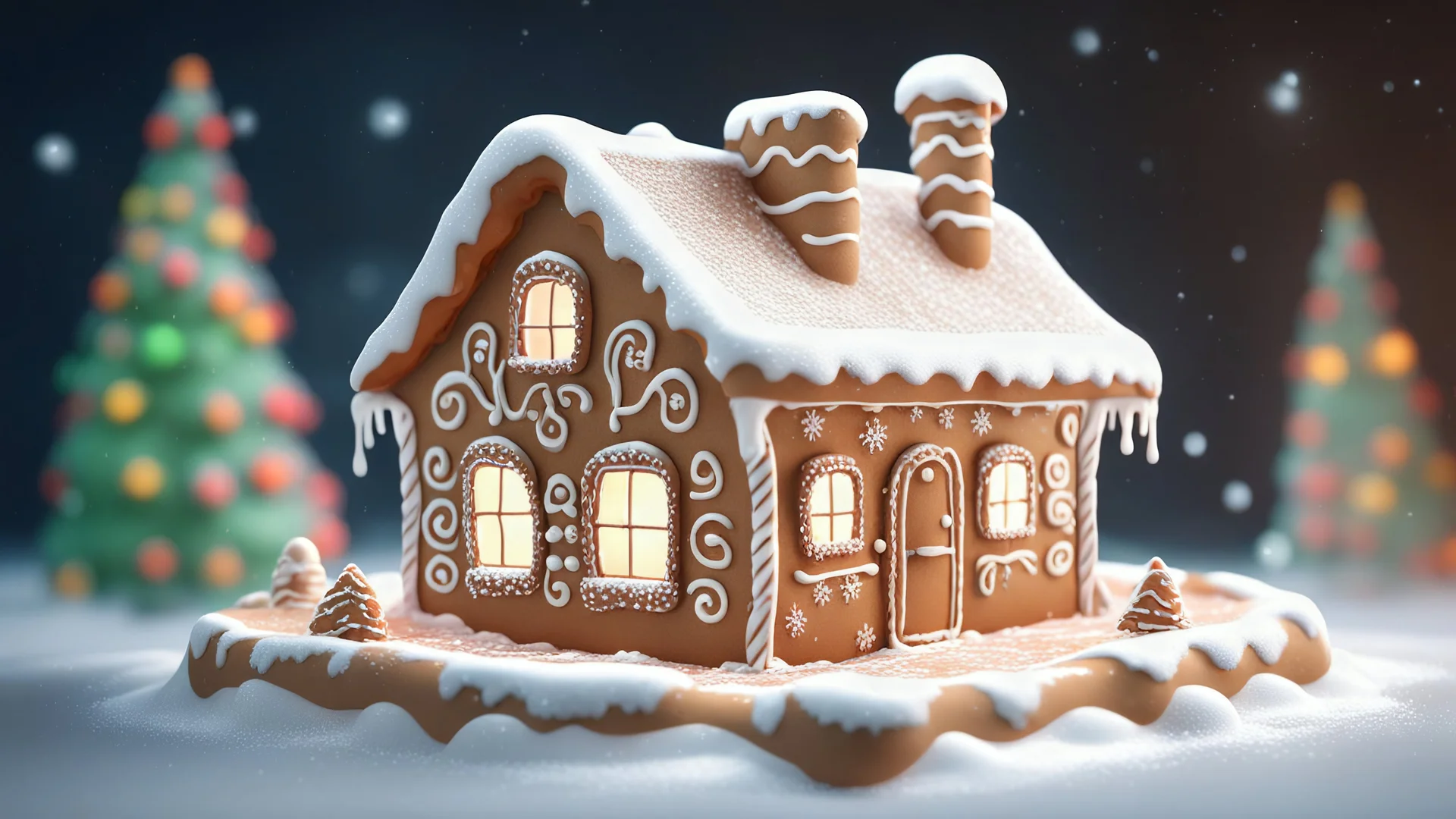 3D illustration of the magic gingerbread house with falling snow. smooth 3d digital art, exquisite thee-dimensional rendering, 4K, blender, c4d, octane render , disney style 3d light, Zbrush sculpt, concept art, Zbrush high detail, pinterest Creature Zbrush HD sculpt, neutral lighting, 8k detail.