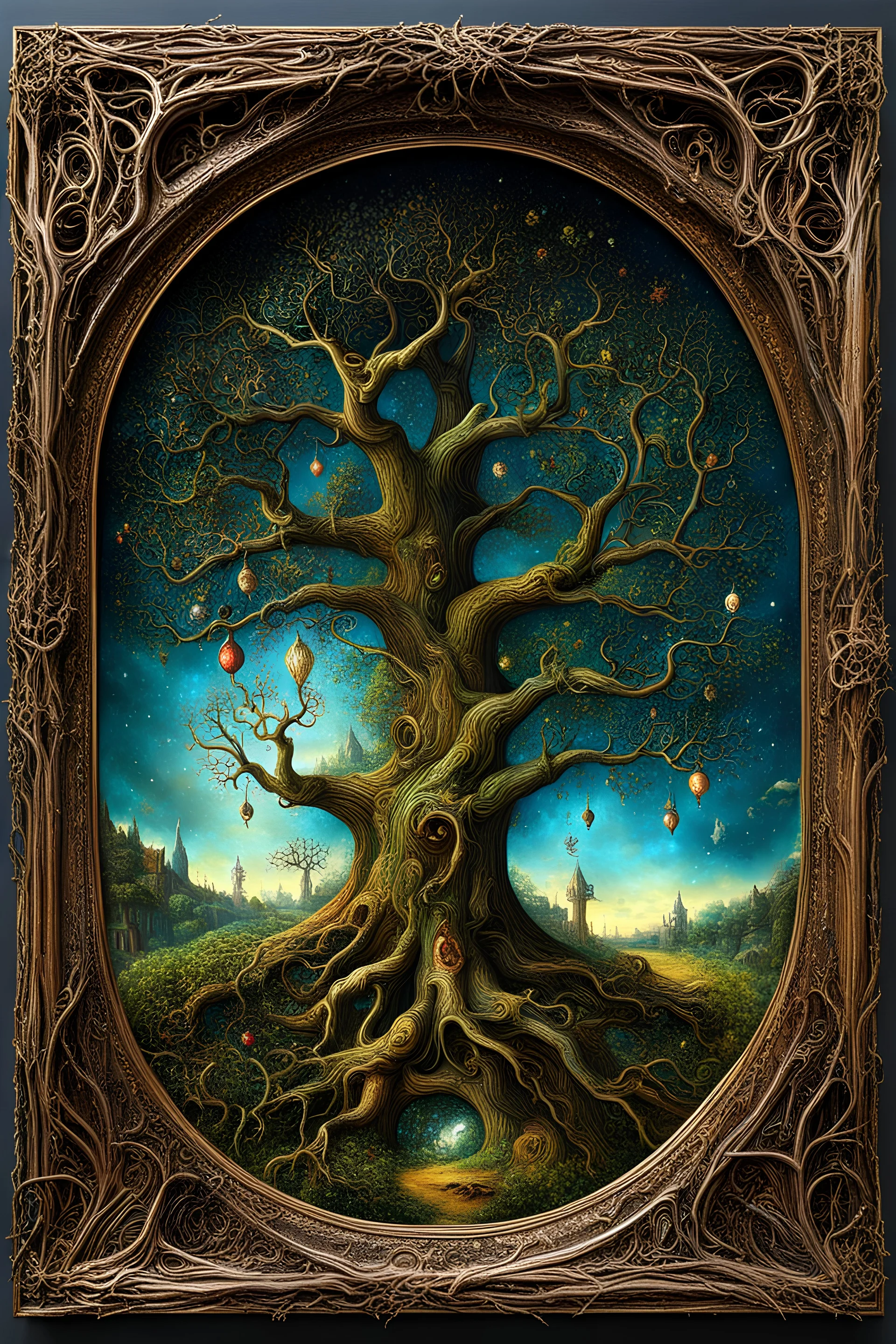 magical fantasy trees, very detailed, amazing quality, etheral, intricate, cinematic light, highly detailed, beautiful by Hieronymus Bosch, 3D , surreal, creepy stunning in frame