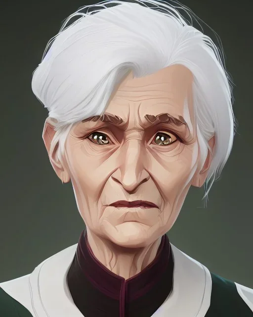 portrait of a dignified old woman with green eyes and white hair