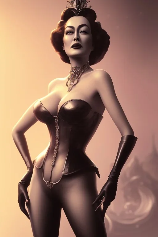 Joan Crawford as evil queen in black leather, busty, cleavage, dominatrix, curvy, angry, stern look. character design by cory loftis, fenghua zhong, ryohei hase, ismail inceoglu and ruan jia. unreal engine 5, artistic lighting, highly detailed, photorealistic, fantasy