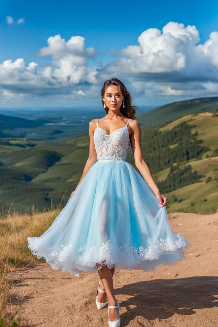 full-body closeup shot of a young, beautiful girl with a perfect face and makeup,wearing pretty dance dress standing in a stage in open air nice hills , blue sky ,pretty clouds at distant