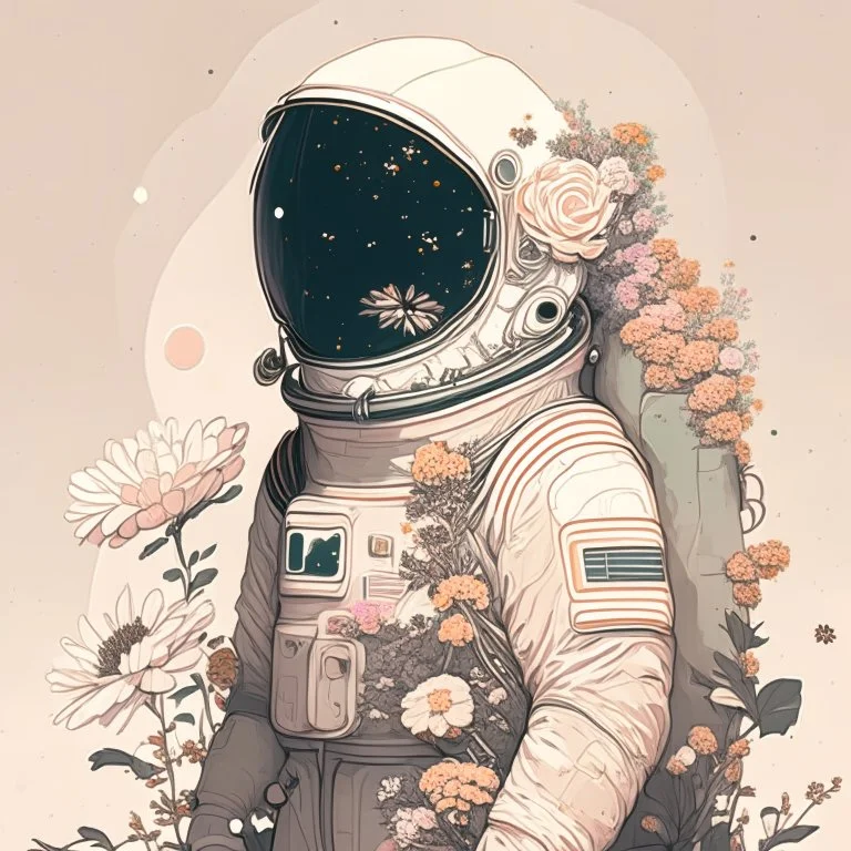 "floral astronaut" hand-drawn digital art, muted tones, flowers everywhere, REALISTIC, anime, 4k