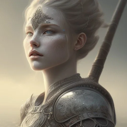 female warrior, dnd character, freckled pale skin, intricate engraving steel armor, volumetric lighting, mist, dawn, seaside background, intricate, elegant, well composed, extremely detailed, hyperrealism, sharp focus, trending on artstation, trending on cgsociety,